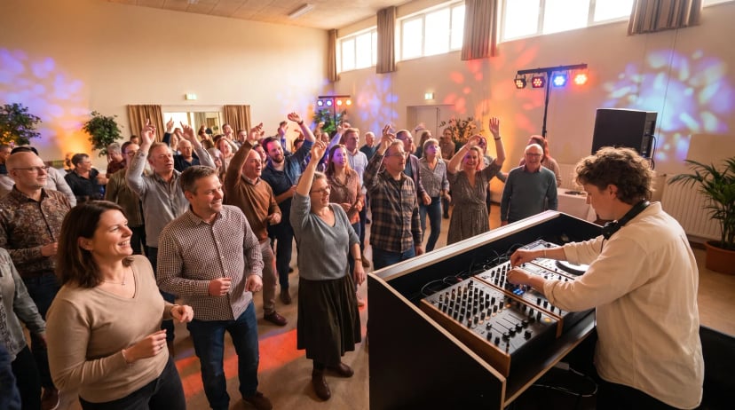 DJ Troisdorf: DJ hinter dem Pult auf kleiner Bühne, Gäste tanzen ausgelassen im warmbeleuchteten Saal
