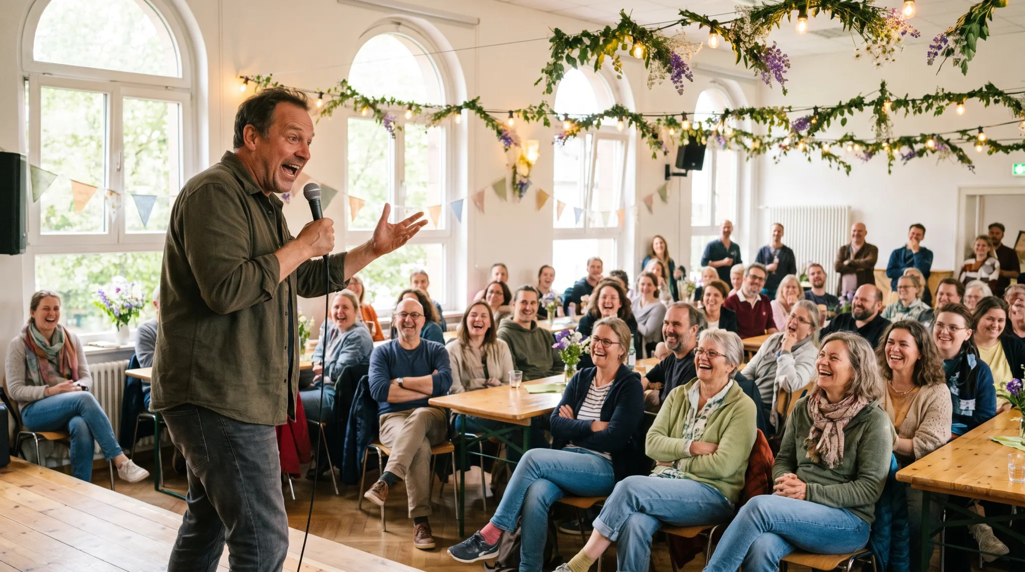Entertainer tritt bei einem Event in Bonn auf, Gäste schauen gebannt zu