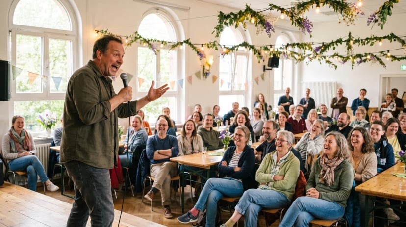 Entertainer tritt bei einem Event in Bonn auf, Gäste schauen gebannt zu