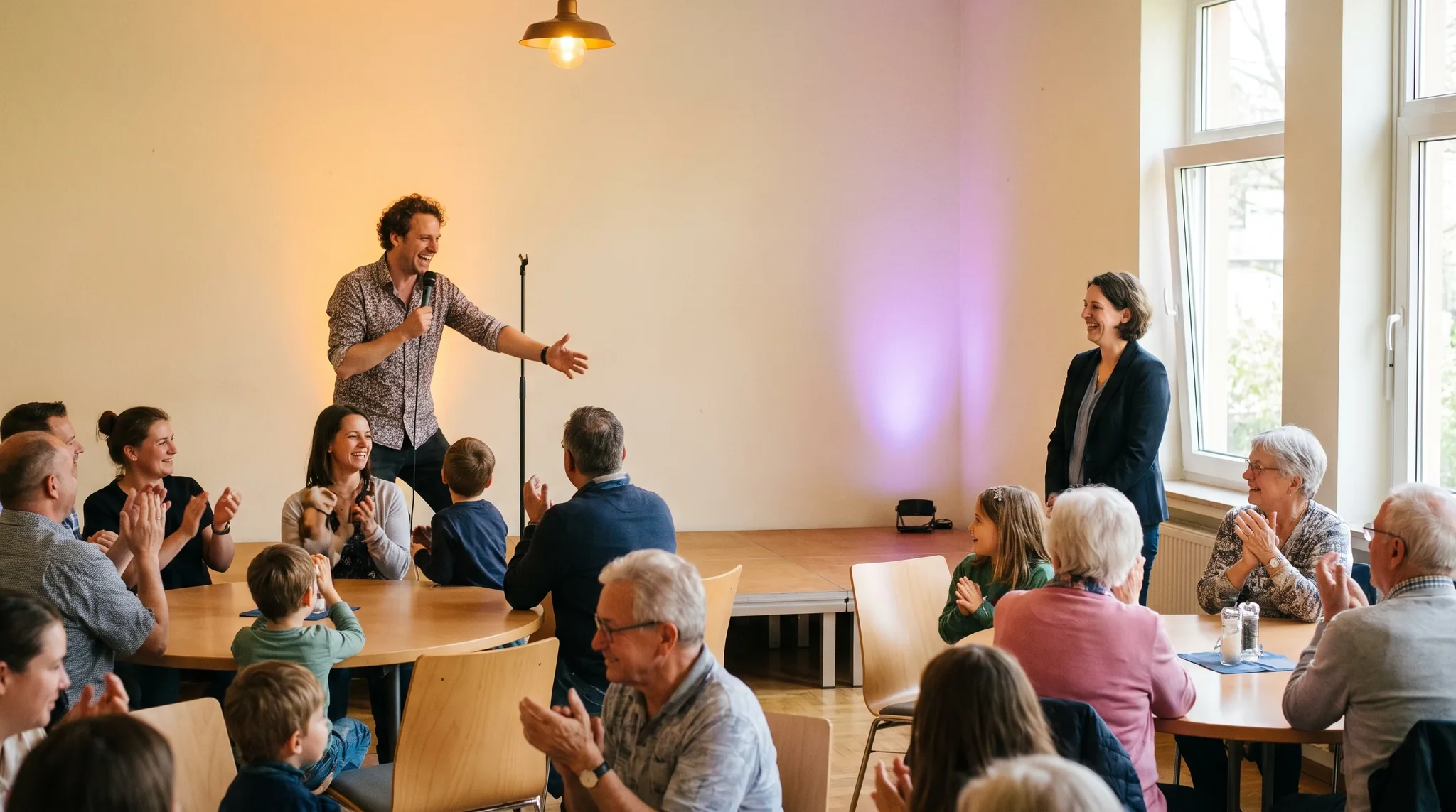 Entertainer Sankt Augustin: charismatischer Künstler auf kleiner Bühne bei belebter Indoorveranstaltung.
