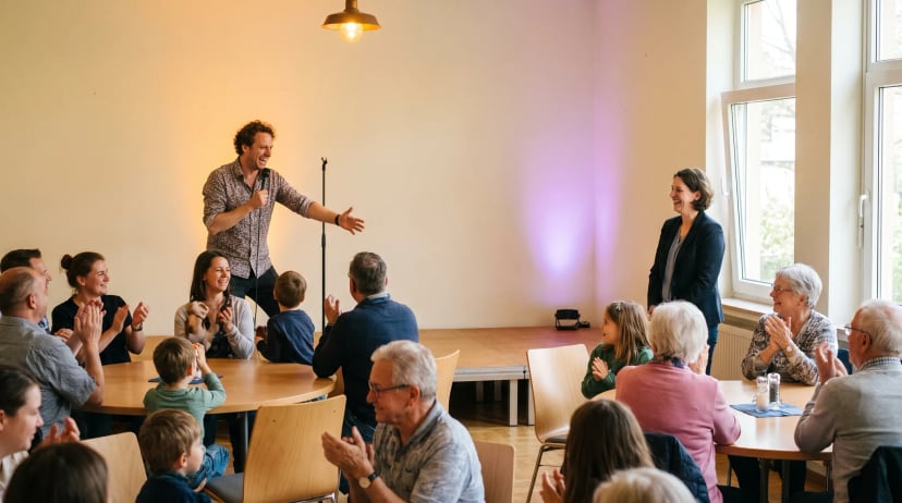 Entertainer Sankt Augustin: charismatischer Künstler auf kleiner Bühne bei belebter Indoorveranstaltung.