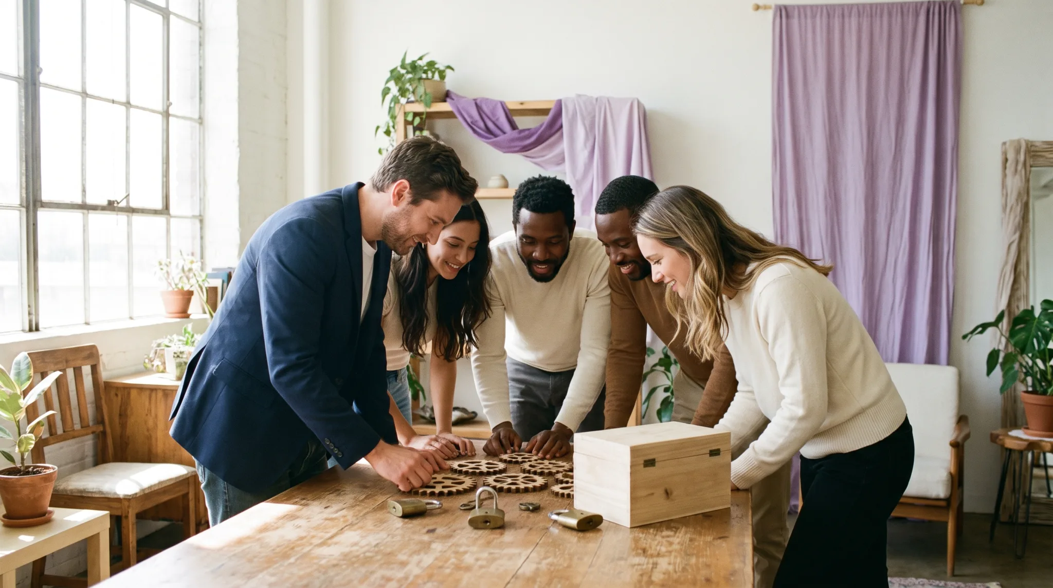 Team löst gemeinsam Rätsel an einem Tisch in einem Escape Room in Bonn
