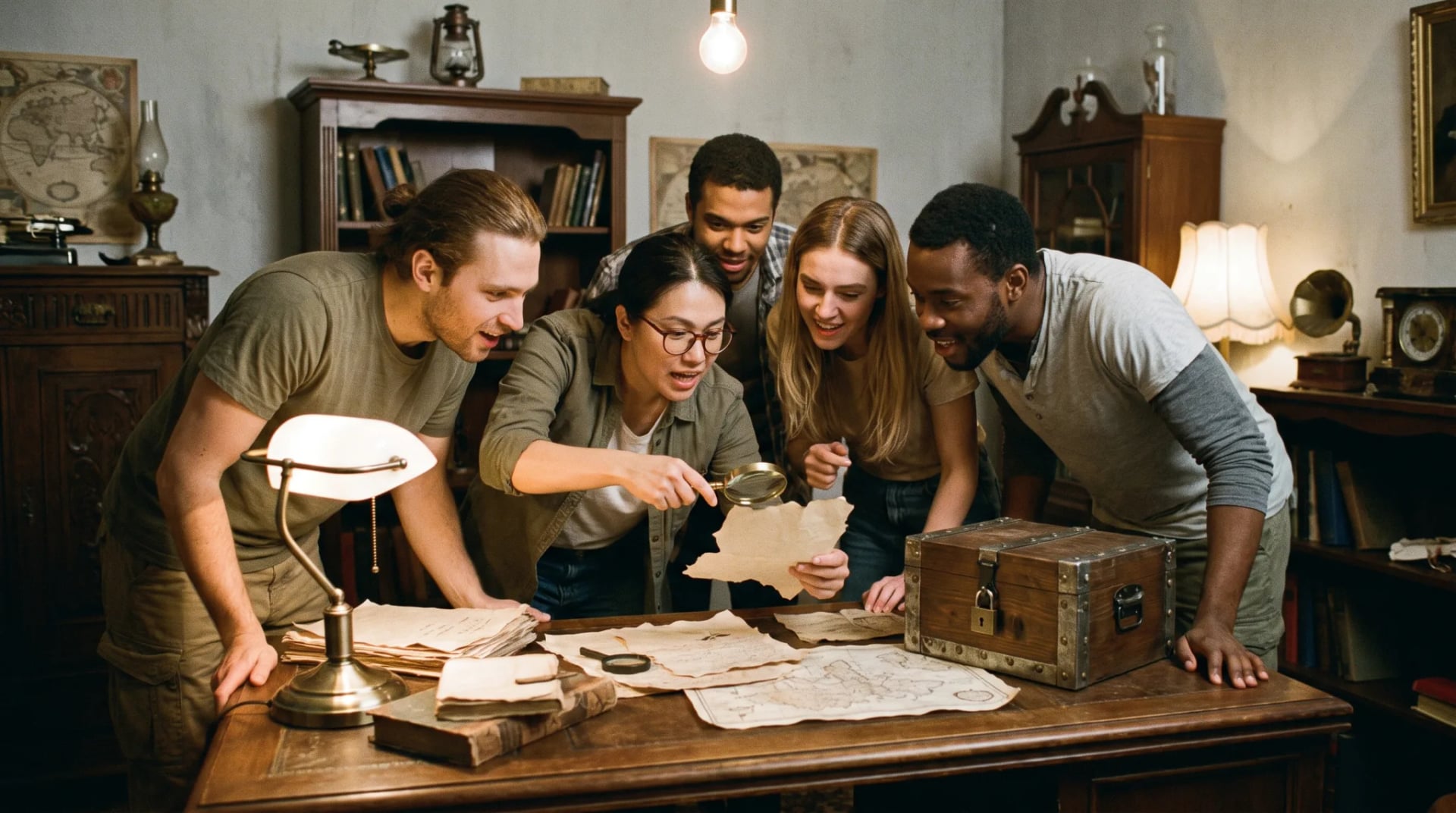 Team löst gemeinsam Rätsel an einem Tisch in einem Escape Room