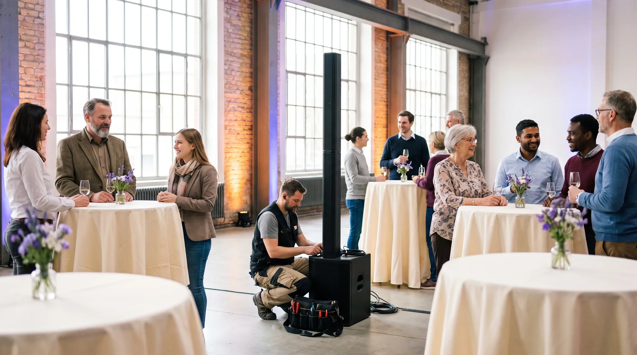 Eventausstattung Dresden: Gruppe aus Gastgebern und Helfern richtet Mobiliar, Lichttechnik und Dekoelemente in einem hellen Veranstaltungssaal ein.