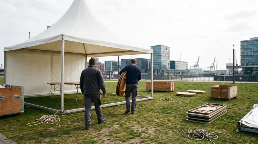 Gedeckte Stehtische und Loungemöbel als gemietete Eventausstattung bei einem Firmenevent in Düsseldorf