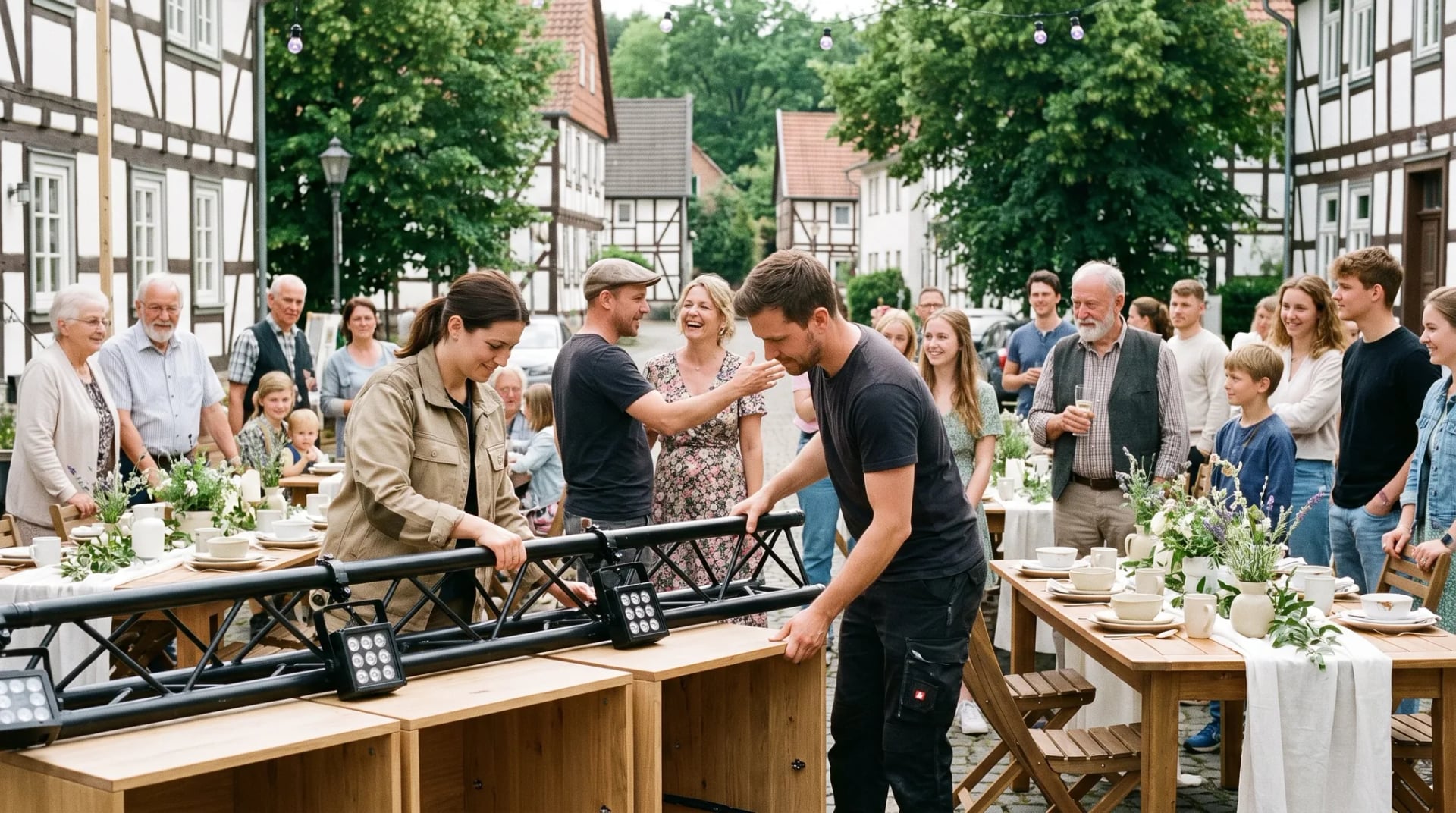 Eventausstattung Engelskirchen: Gäste stehen und sitzen unter einem weißen Streckzelt im Grünen, Servicepersonal richtet Bankettstühle und runde Tische ein.