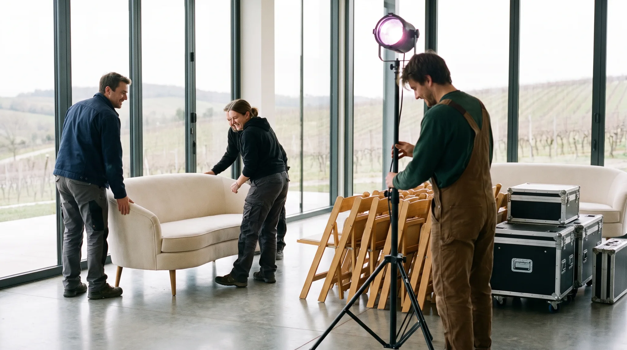Team baut Loungemöbel und Lichttechnik für eine Feier in einer hellen Halle in Heilbronn auf