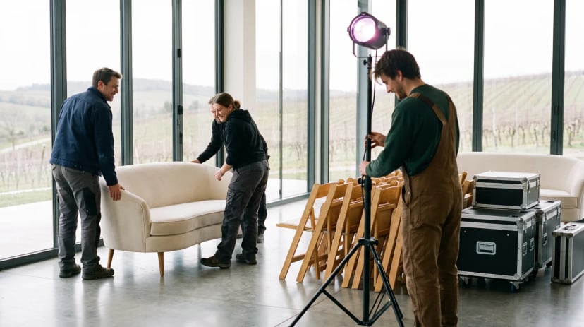 Team baut Loungemöbel und Lichttechnik für eine Feier in einer hellen Halle in Heilbronn auf