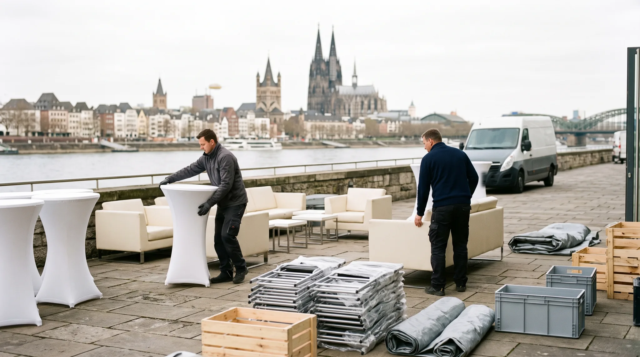 Gedeckte Stehtische und Zeltausstattung für ein gemietetes Event in Köln