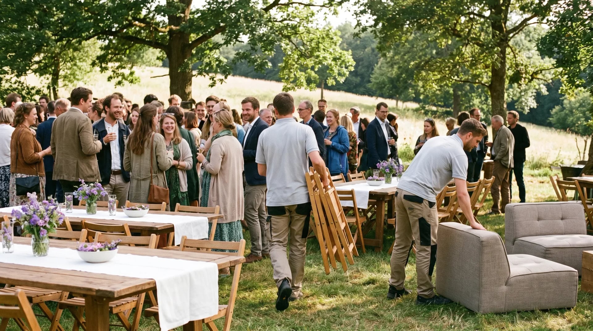 Eventausstattung Much: Aufbau-Team arrangiert weiße Klappstuhlreihen und drapierte Rundtische auf einer grünen Wiese im Bergischen Land bei warmem.
