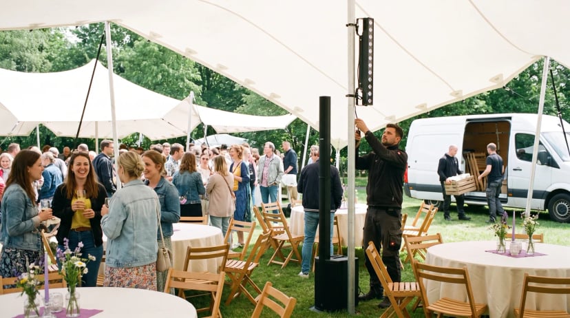 Eventausstattung Niederkassel: Gäste verschiedener Generationen stehen lachend an eleganten Stehtischen und Lichtriggs bei goldenem Nachmittagslicht im Freien.