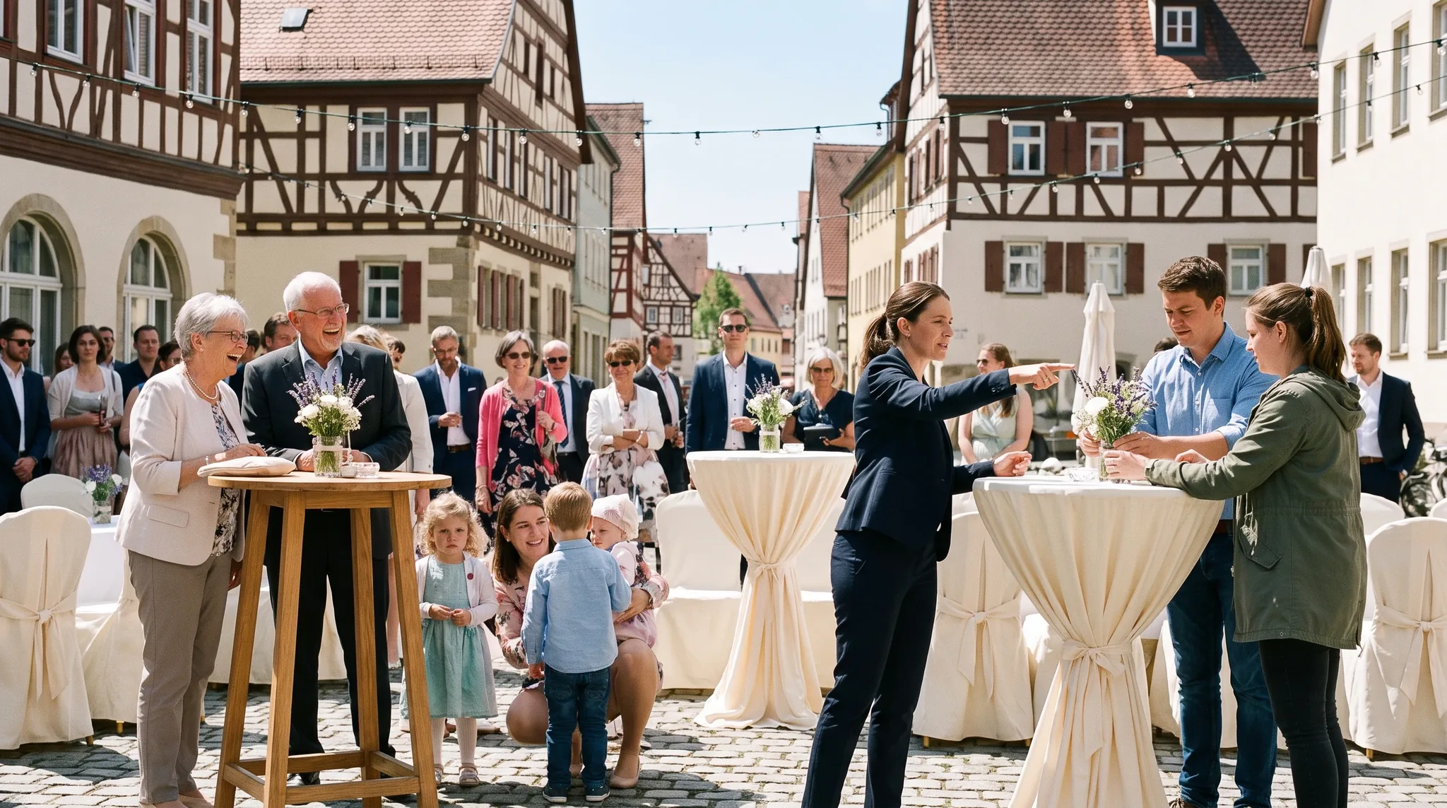 Eventausstattung Schwabach: Gäste an festlich gedeckten Tischen unter Zelten im Freien, zwei Servicekräfte richten Bestuhlung her, Feieratmosphäre im Nachmittagslicht.