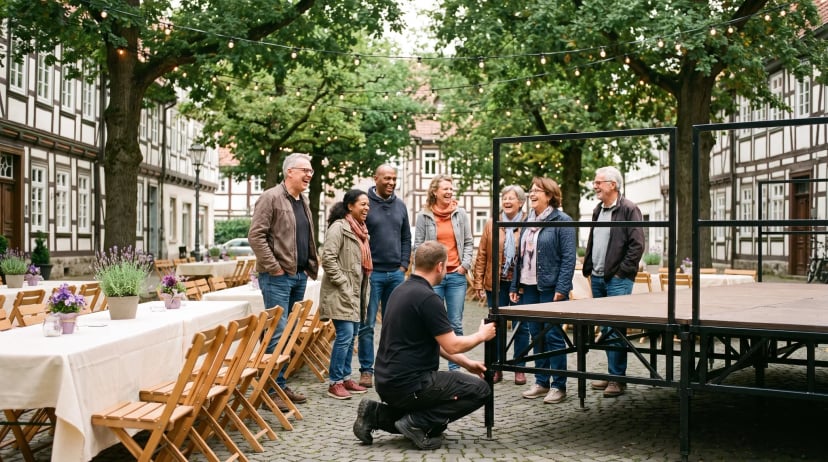 Eventausstattung Troisdorf: Gäste stehen an festlich gedeckten Tischen auf einem sonnigen Platz, während Koordinatoren Stuhlhussen und Tischaufsteller.