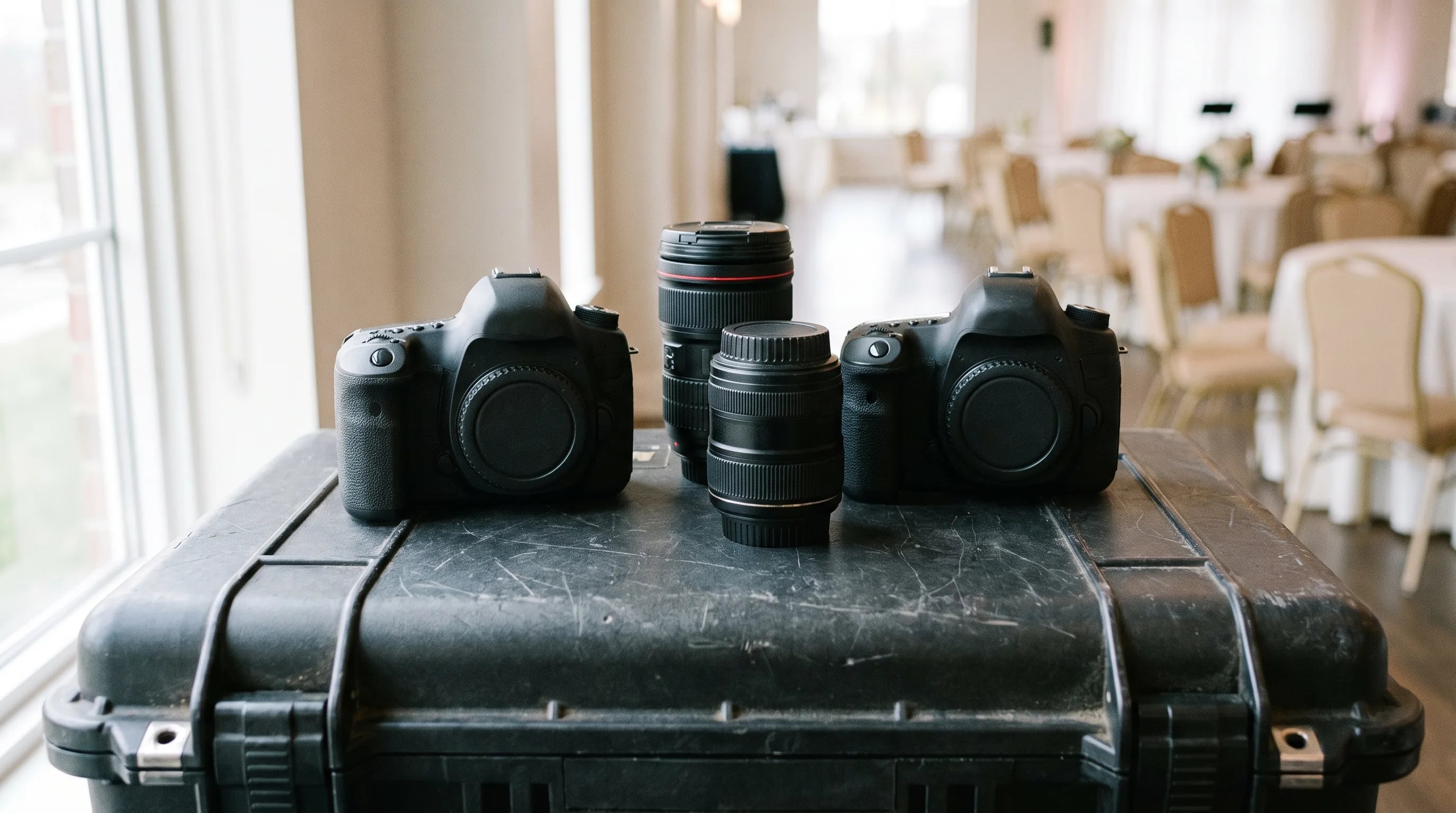 Kameras und Objektive auf einem Equipment-Koffer backstage, Beispiel für die Ausrüstung eines Eventfotografen