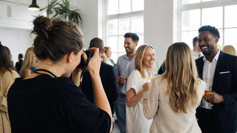 Eventfotografin fotografiert lachende Gäste bei einem Firmenevent im hellen Loft, Beispiel für einen Eventfotografen im Einsatz