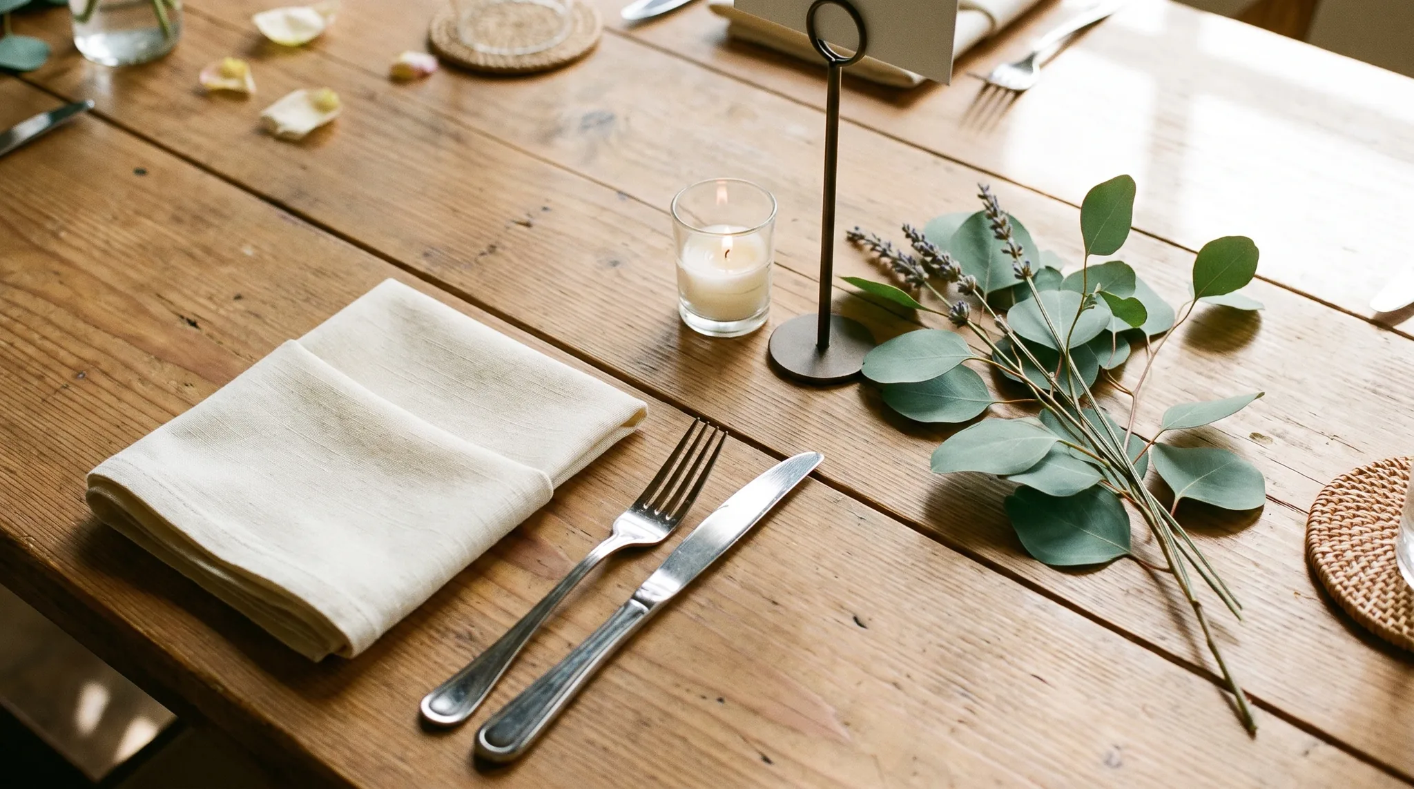 Eventlocation in Alfter: dekorierte Tafeln mit Kerzen und Blumenarrangements in einem hellen Veranstaltungsraum