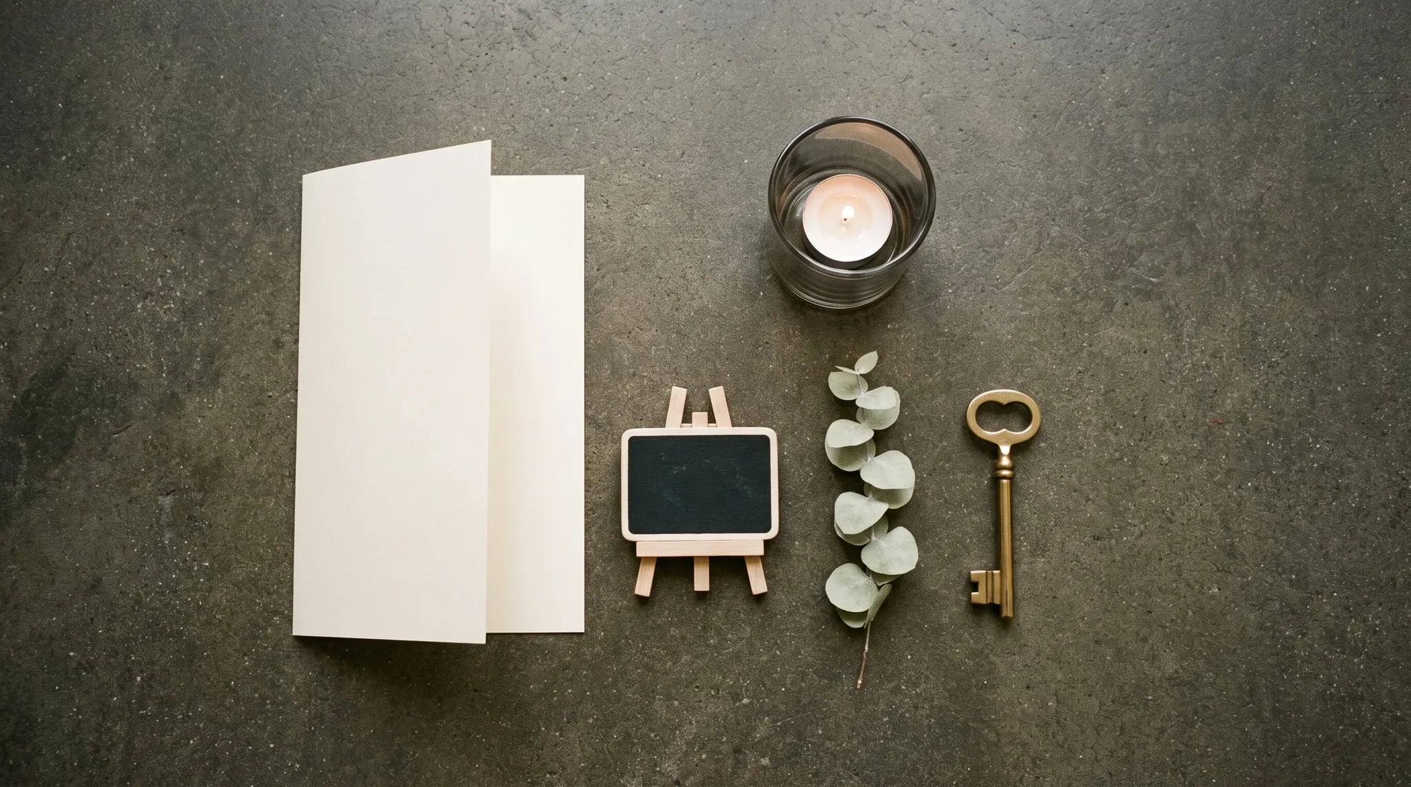 Eventlocation in Berlin: Stilvolles Flatlay mit Grundriss-Skizze, Messingschlüssel, Votivkerzen, gefalteten Leinenservietten und Eukalyptuszweig auf.