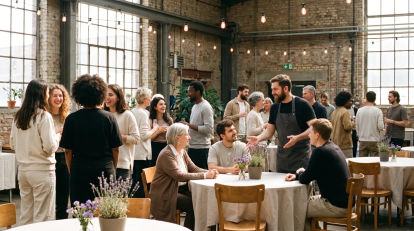 Eventlocation Berlin: Gästegruppe verschiedener Generationen feiert in einer großzügigen Halle mit Backsteinwänden.