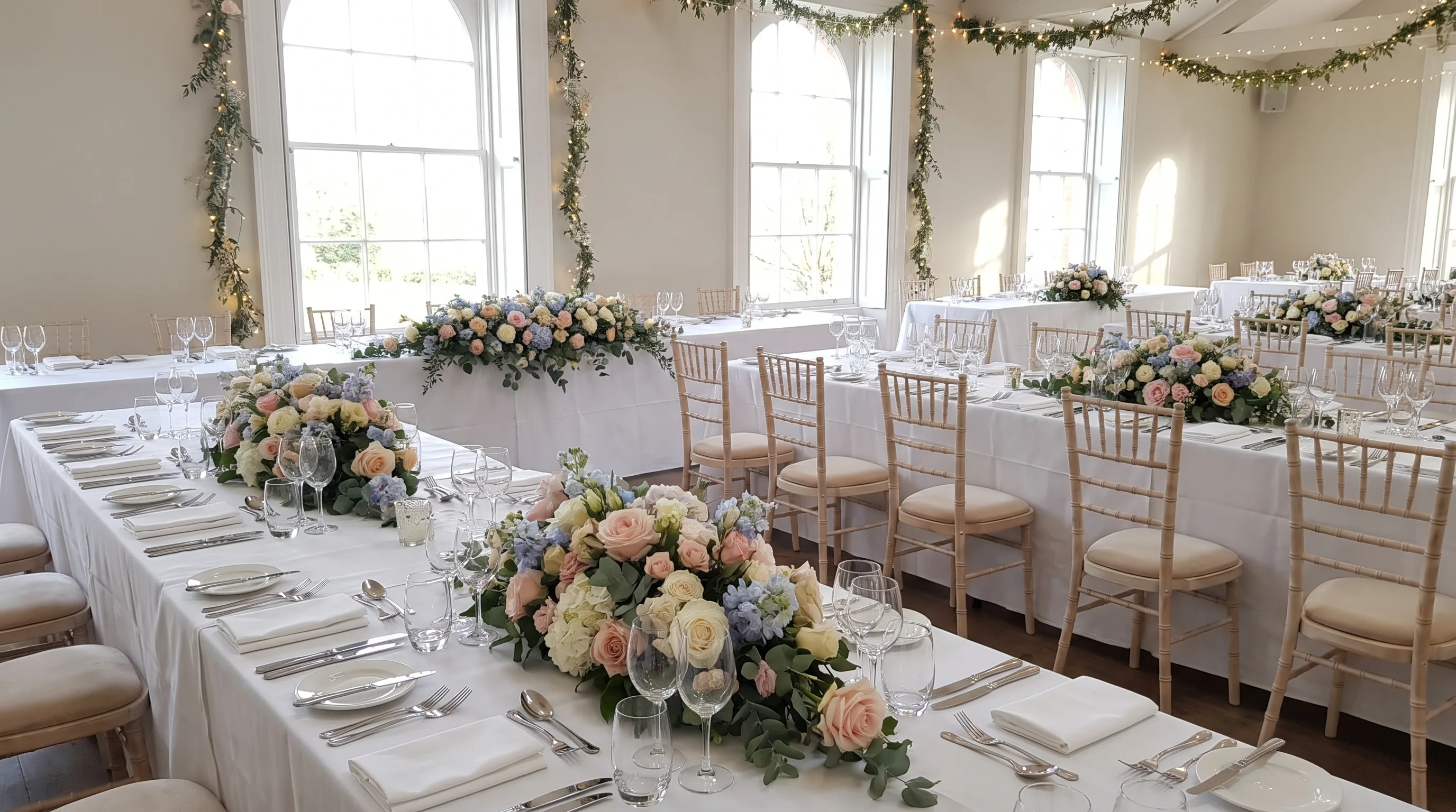 Festlich eingedeckte Tafeln mit Blumenarrangements in einem hellen Saal, Beispiel für eine Eventlocation in Bonn