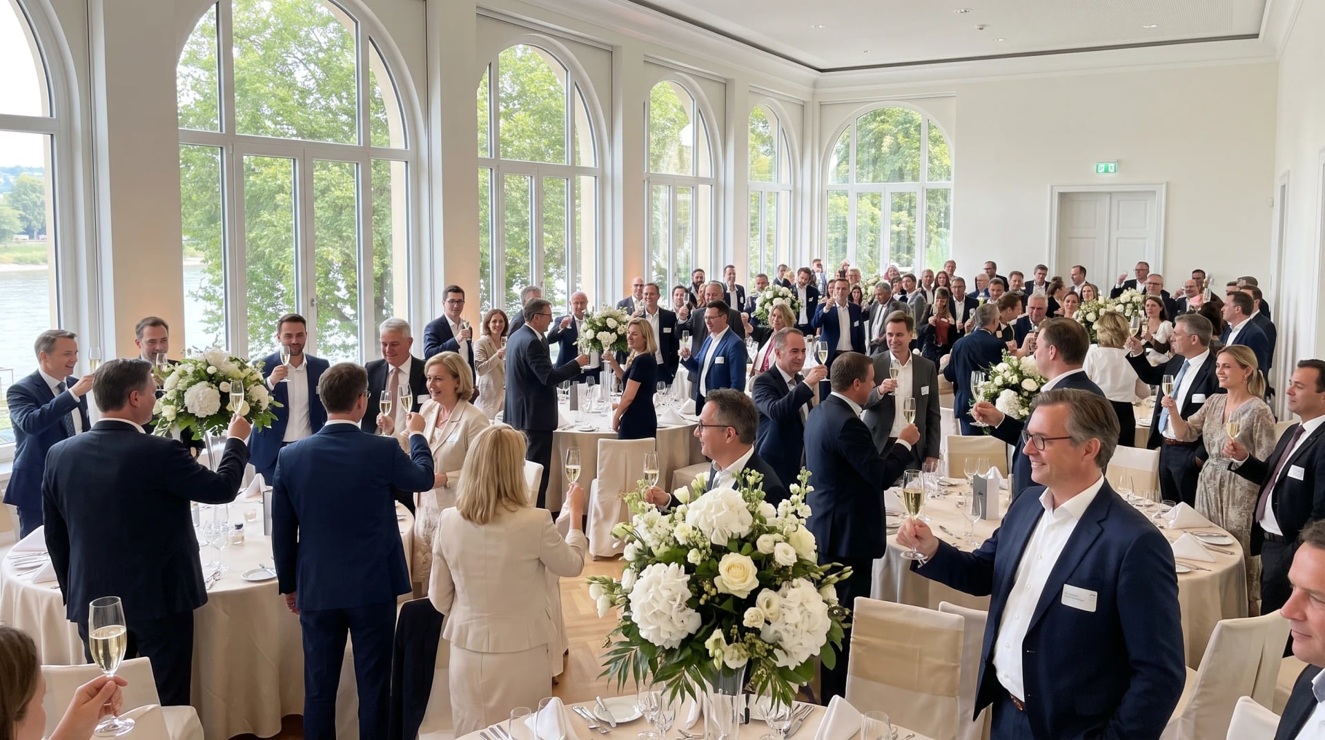 Festlicher Empfang in einem hellen Saal mit Bogenfenstern und Rheinblick, Beispiel für eine Eventlocation in Bonn