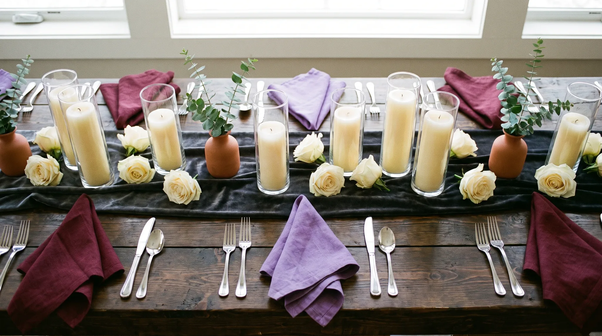 Eventlocation in Brühl: elegante Tischdekoration mit Kerzenleuchtern, weißen Blumenarrangements und gefalteten Leinenservietten auf dunklem Holz.