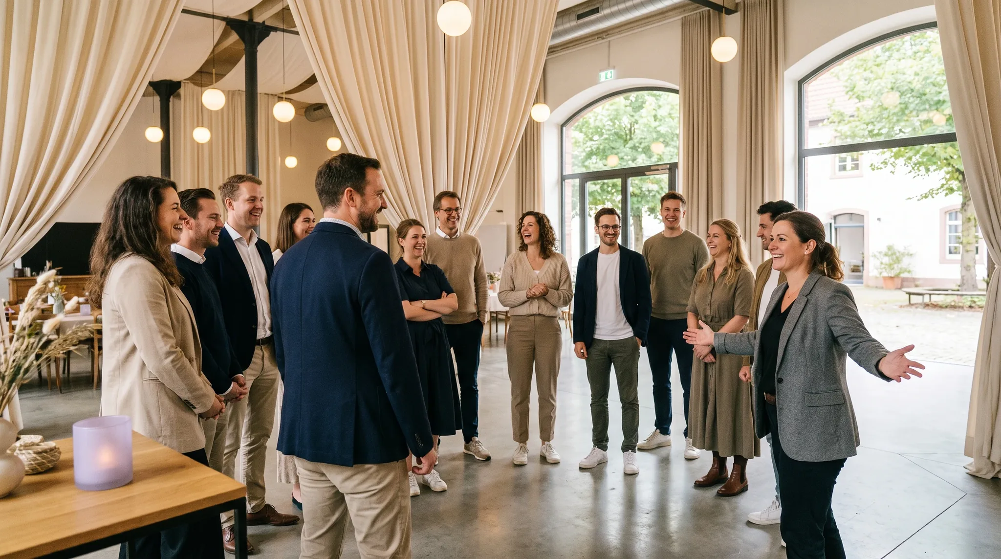 Eventlocation Brühl: lebhafte Gruppe von Erwachsenen bei einem festlichen Event in einem warm beleuchteten Saal mit gedeckten Tischen und hohen Decken.