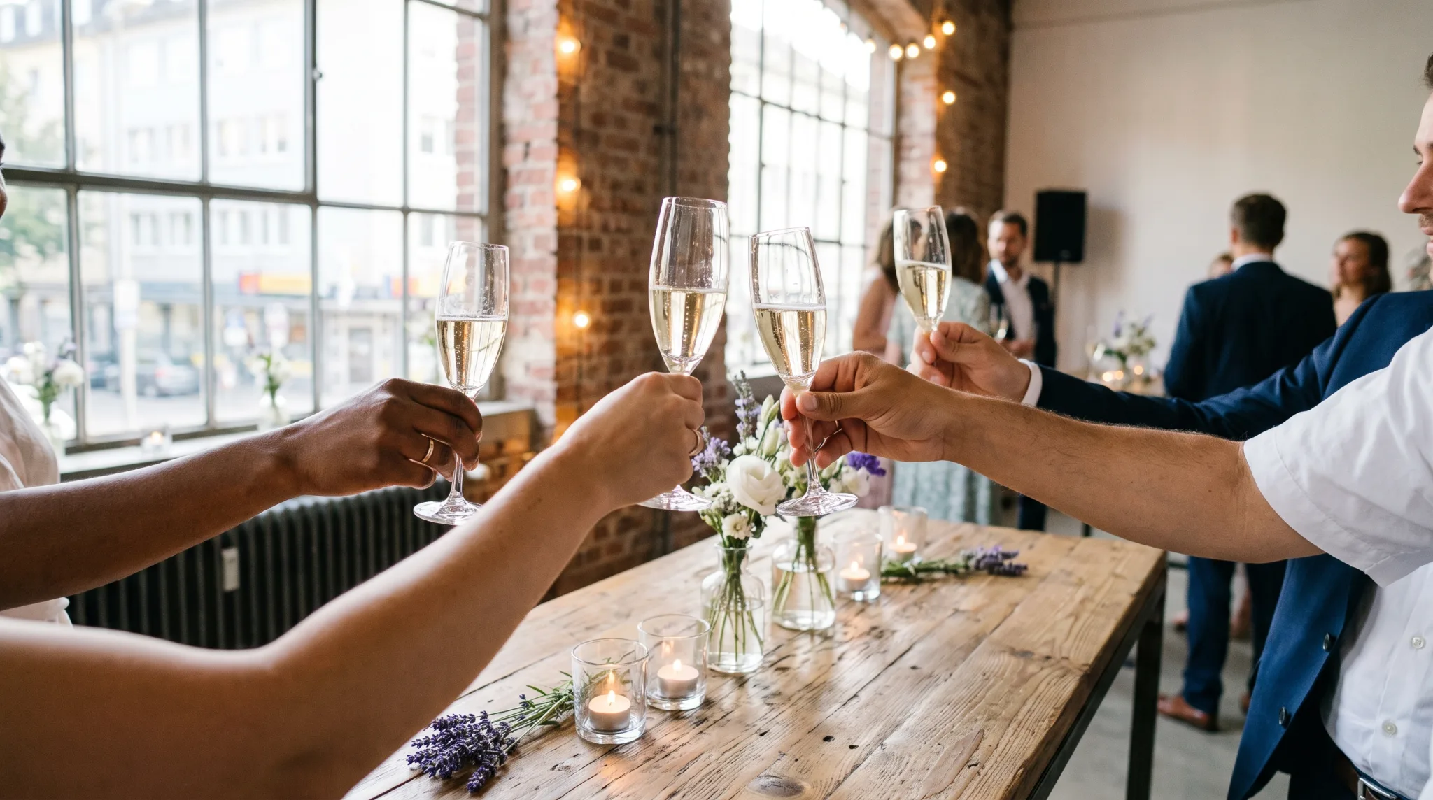 Gäste stoßen bei einer Feier in einer Düsseldorfer Loft-Eventlocation an