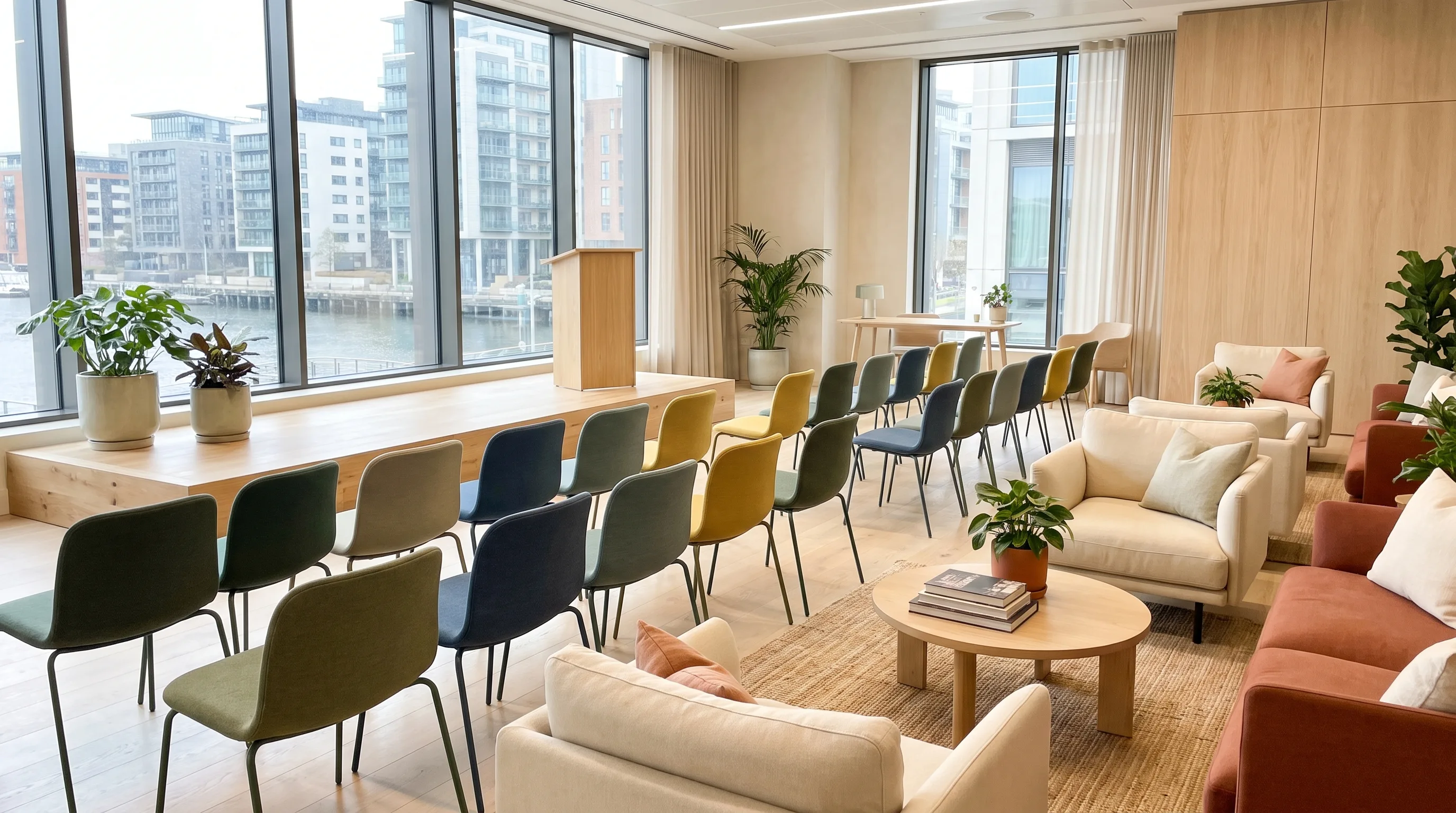 Moderner Eventraum mit Bühne und Loungebereich an großer Fensterfront, Beispiel für eine Eventlocation in Düsseldorf