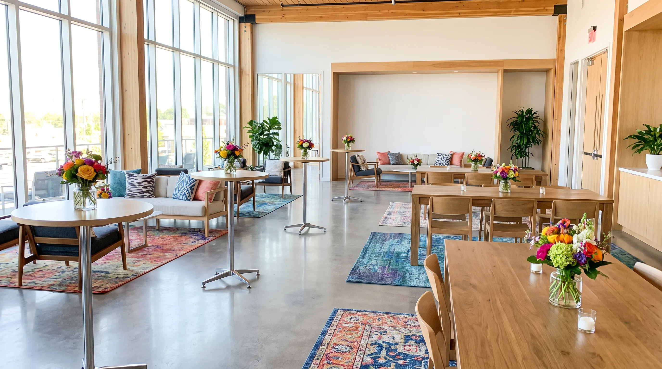 Moderner Eventraum, eingedeckt für einen Empfang, Beispiel für eine Eventlocation