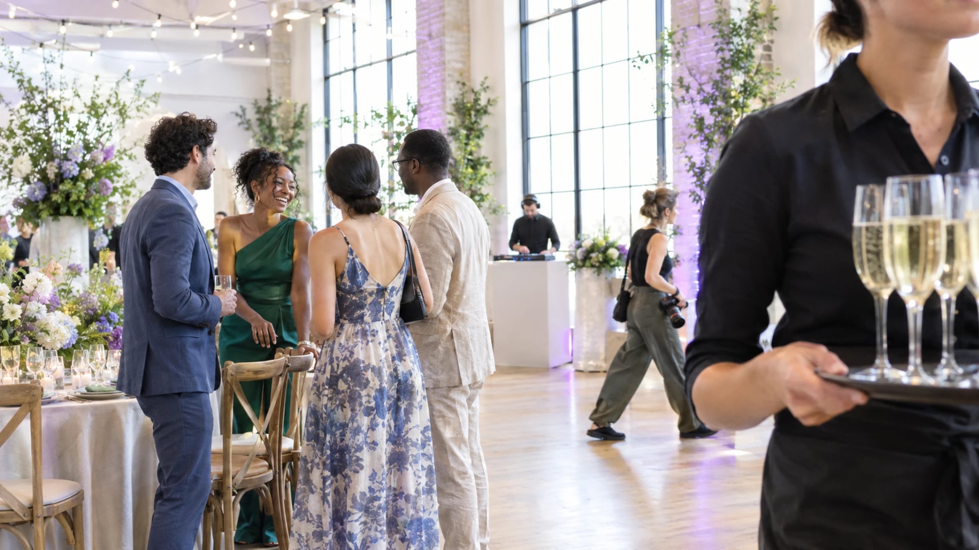 Gäste im Gespräch in einer hellen Eventlocation mit hohen Fenstern, im Hintergrund ein DJ und eine Fotografin, vorne Service mit Sektgläsern