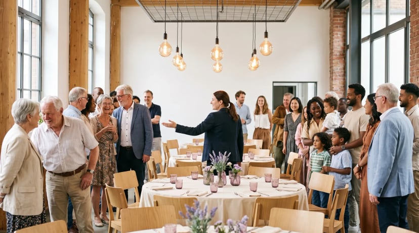 Eventlocation Frankfurt am Main: belebtes Firmenevent in einer großen Industriehalle mit warmem Licht, gut gekleidete Gäste unterhalten sich an runden Tischen