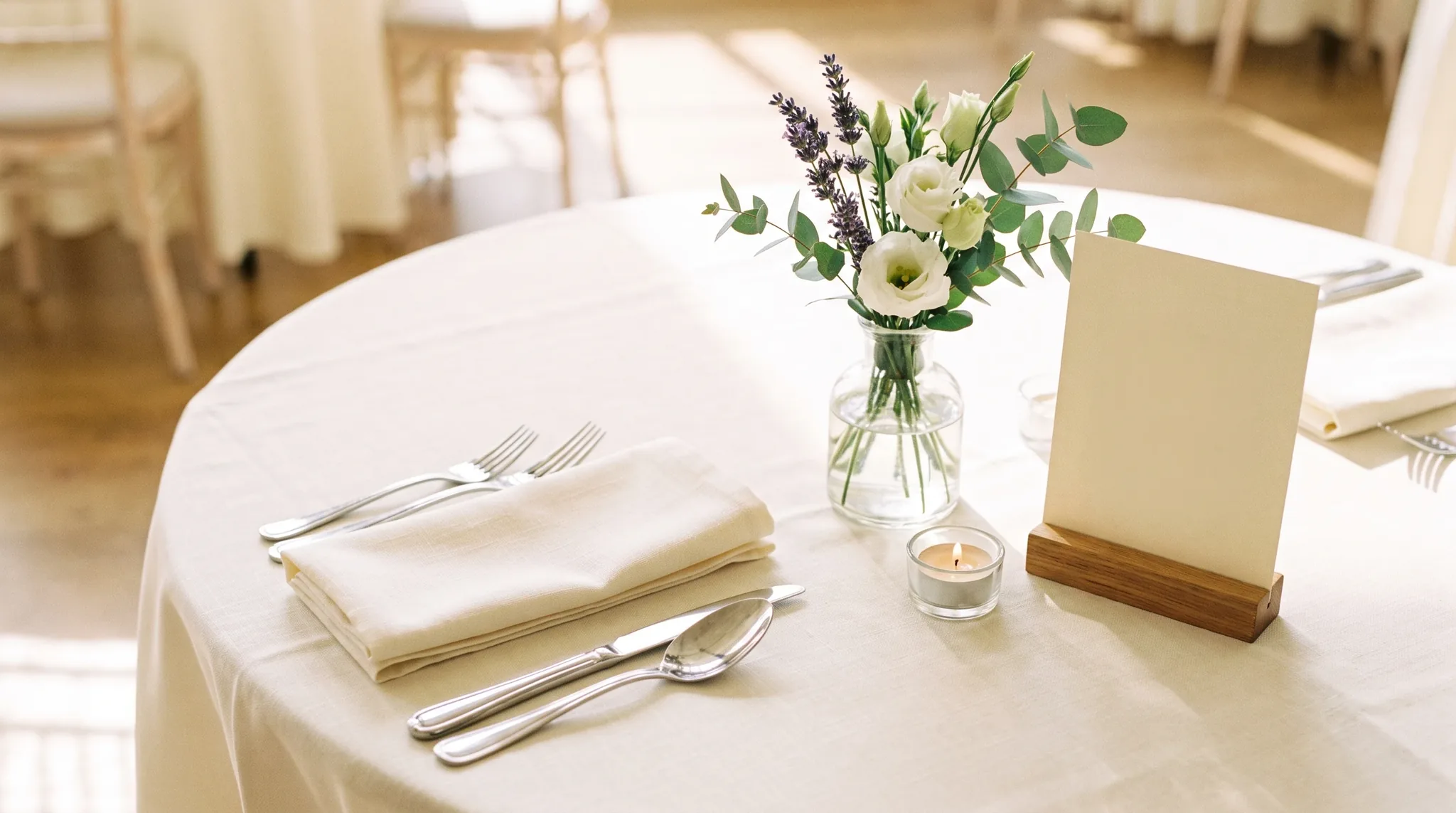 Eventlocation in Hennef: Detailaufnahme eines elegant gedeckten Tisches mit Leinenserviette, poliertem Besteck.