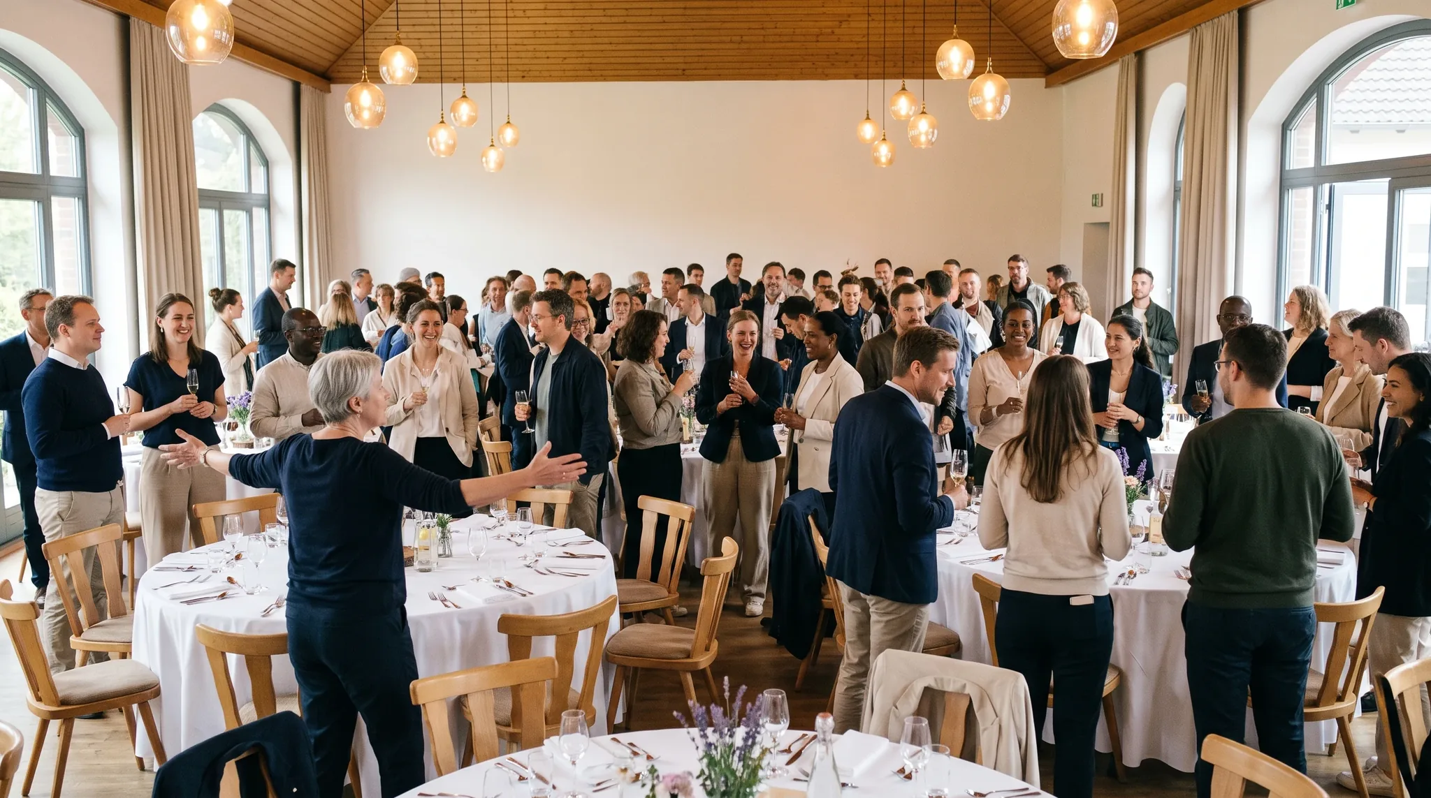 Eventlocation Hennef: Gäste unterschiedlicher Generationen stehen und sitzen an runden, festlich gedeckten Tischen in einem warmbeleuchteten.