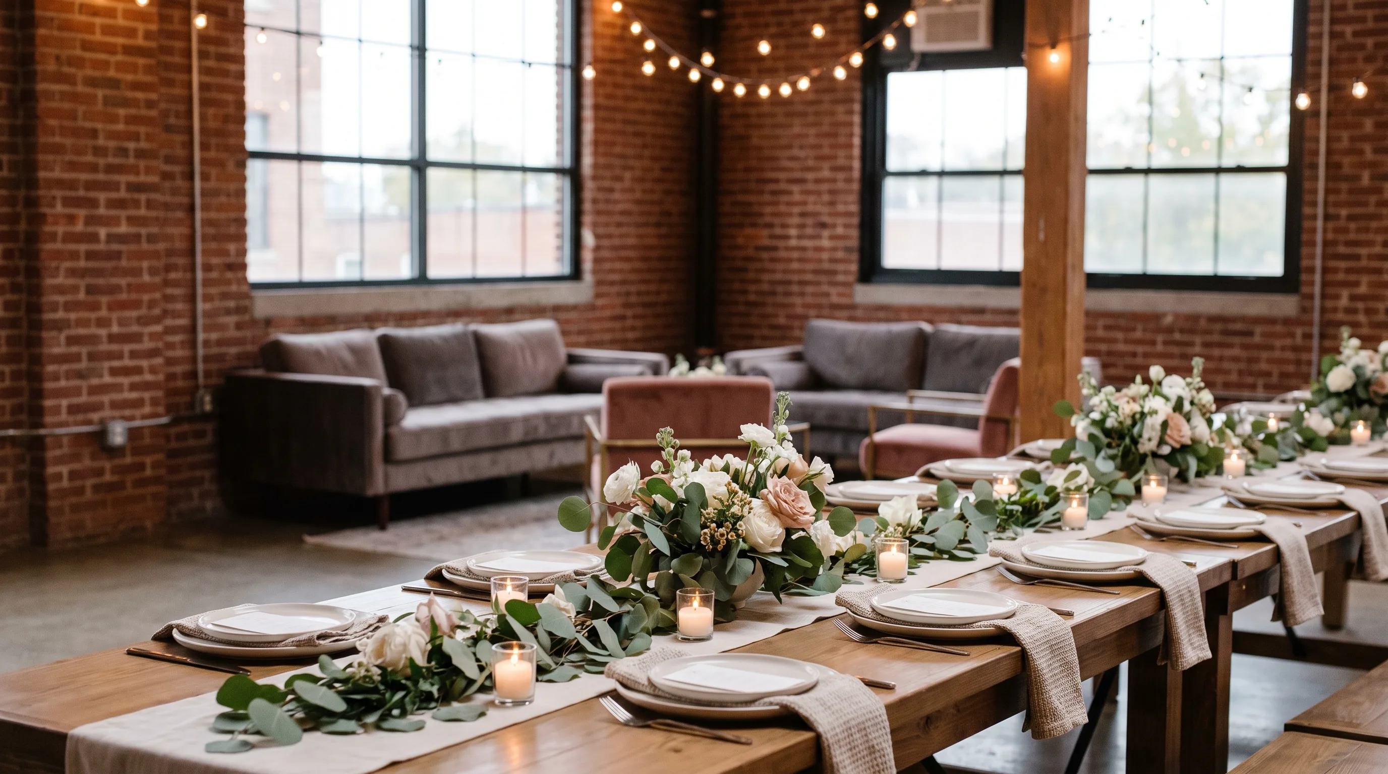 Eingedeckte Tafel und Loungebereich in einem Industrieloft, Beispiel für eine Eventlocation in Köln