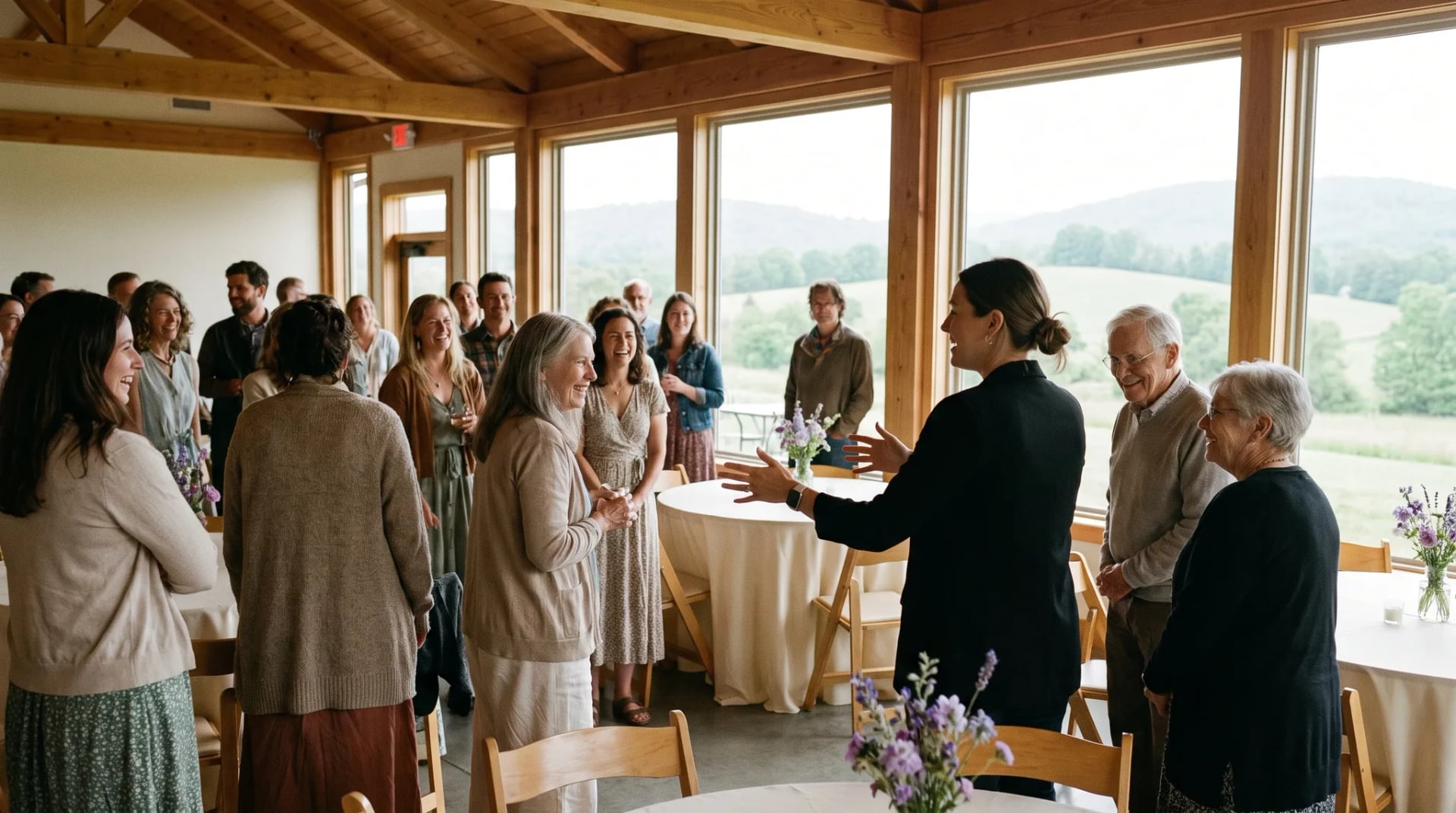 Eventlocation Königswinter: Gäste einer Firmenfeier im hellen Holzsaal mit Blick ins Siebengebirge