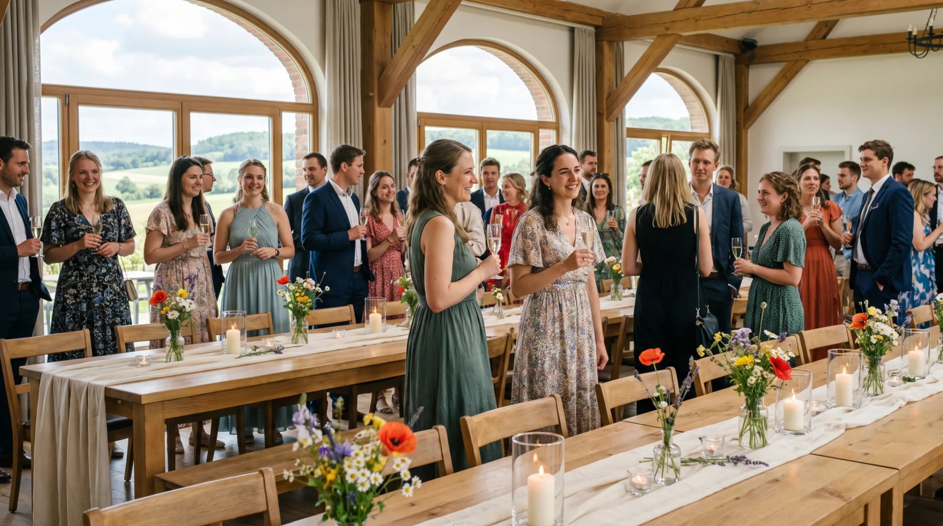 Festlich eingedeckter Saal im Landhaus-Stil mit Gästen beim Empfang und Blick auf grüne Hügel, Beispiel für eine Eventlocation in Much