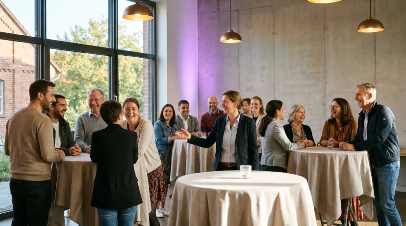 Gruppe feiert ausgelassen in einem festlich dekorierten Veranstaltungsraum als Eventlocation in Plochingen, warmes Licht über eingedeckten Tischen