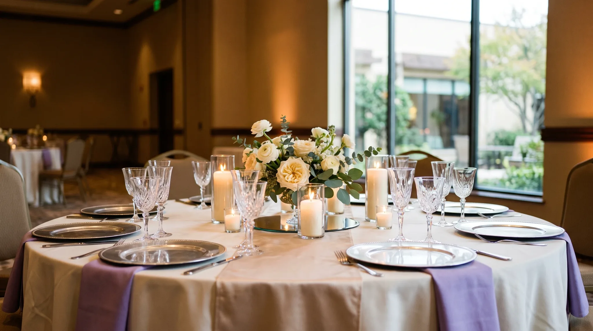 Eventlocation in Remagen: elegante Tischdekoration mit Kerzen, Eukalyptus, Kristallglas und Leinenserviette auf dunklem Holz.