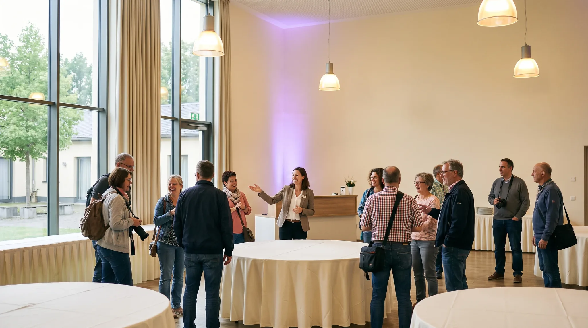 Eventlocation Remagen: Gruppe von Erwachsenen feiert gemeinsam in einem festlich beleuchteten Veranstaltungssaal mit runden Tischen und hoher Decke.