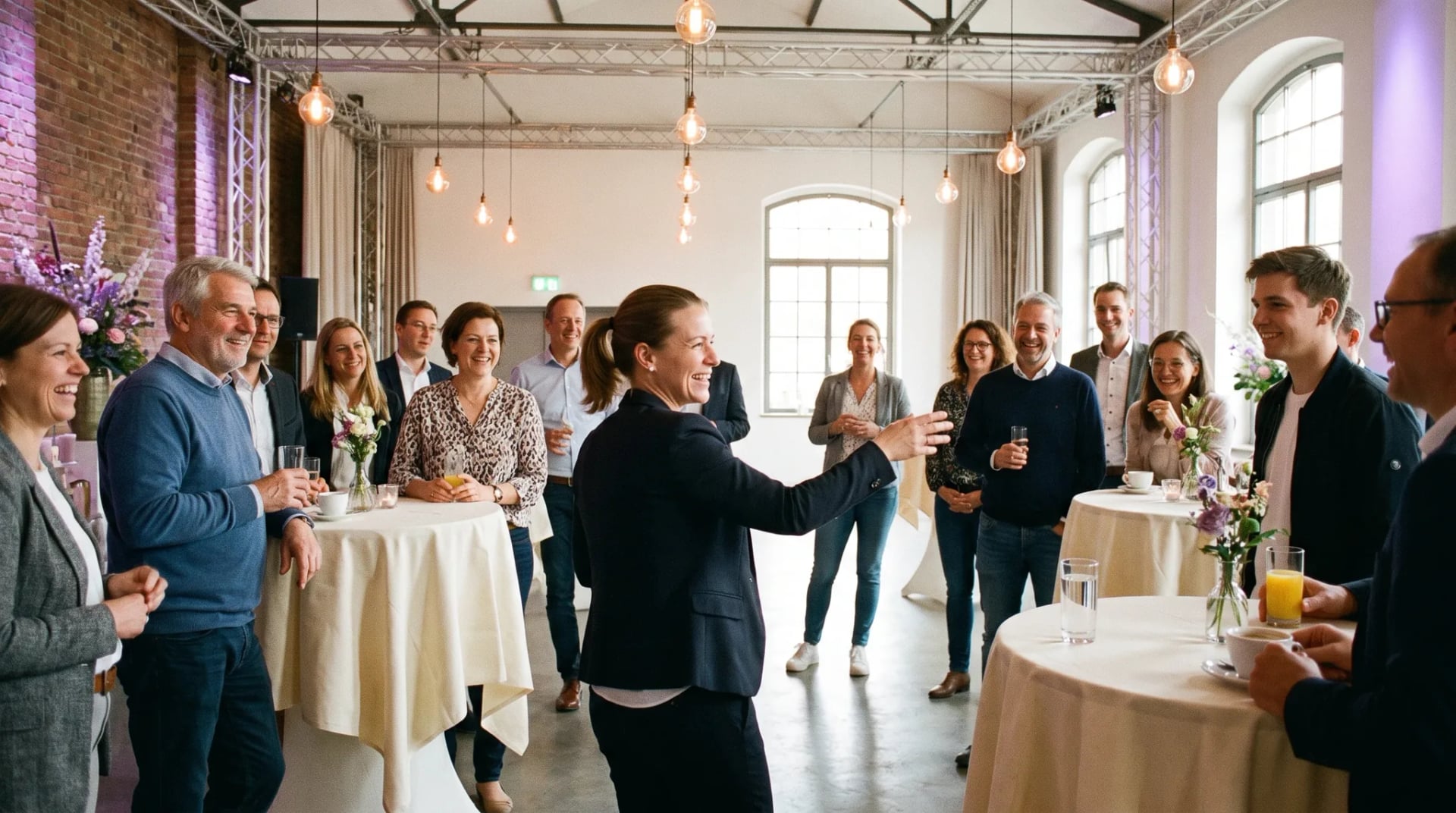 Eventlocation Rheinbach: Gruppe von Erwachsenen feiert und lacht in einem hellen, hohen Veranstaltungssaal mit gedeckten Tischen und natürlichem Licht.