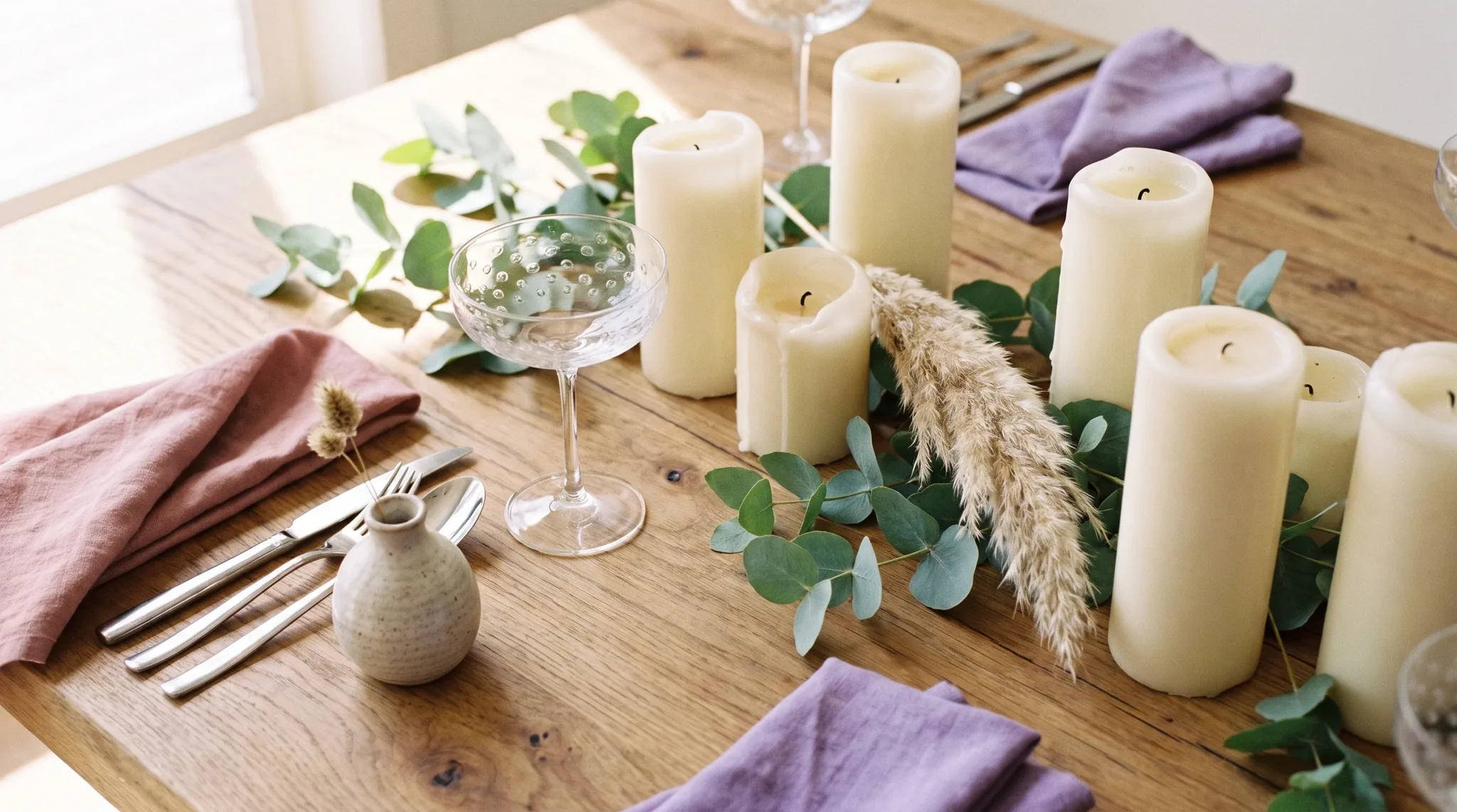 Stillleben mit Kerzen, Eukalyptus und Leinenservietten als Detailaufnahme einer eleganten Eventlocation in Stuttgart
