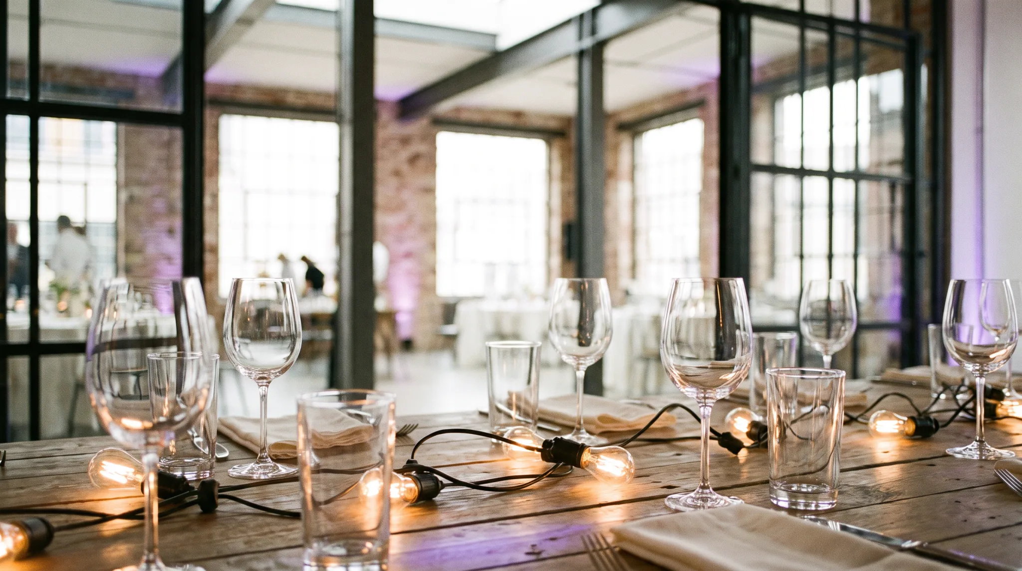 Lichterketten und Gläser im Detail vor den hohen Loft-Fenstern einer Eventlocation