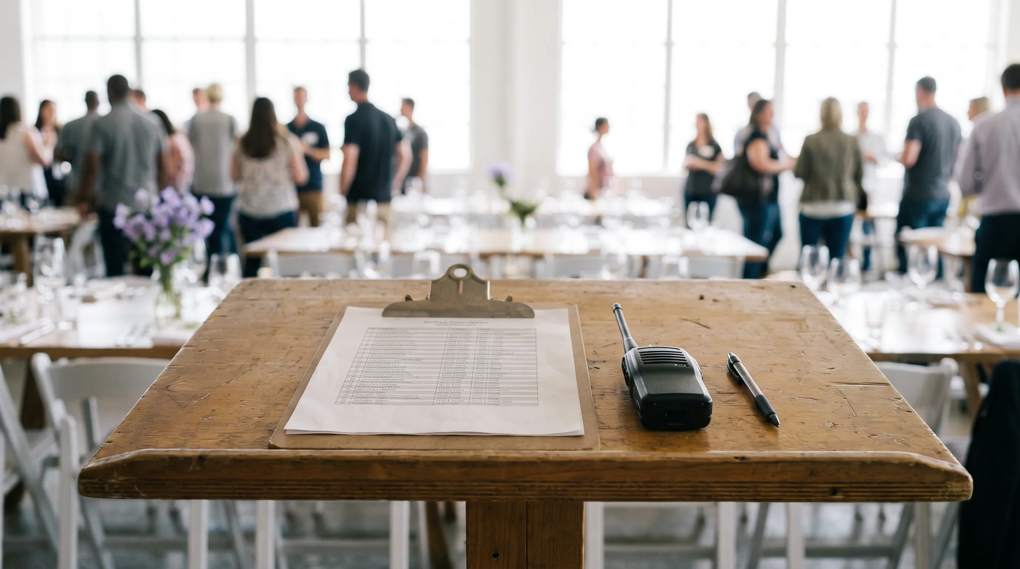 Eventpersonal Detail: Ablaufplan auf einem Klemmbrett neben Funkgerät und Stift auf einem Stehtisch, im Hintergrund unscharf gedeckte Tische