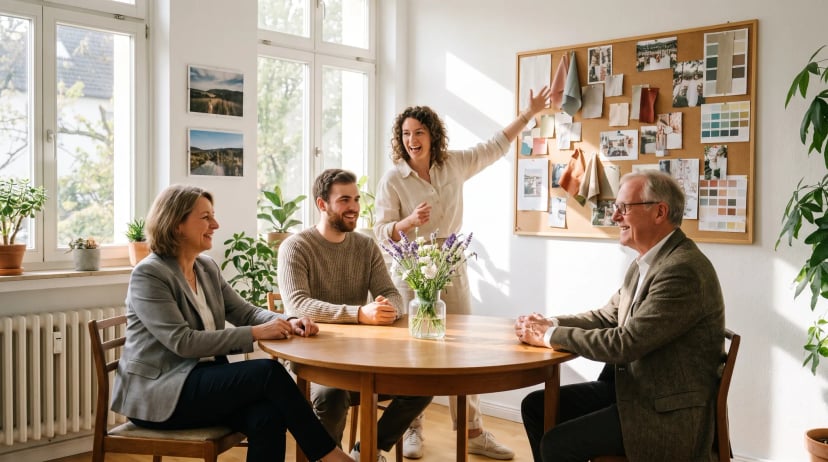 Planerin einer Eventagentur in Bad Honnef zeigt Kundschaft am runden Tisch ein Moodboard mit Stoffmustern