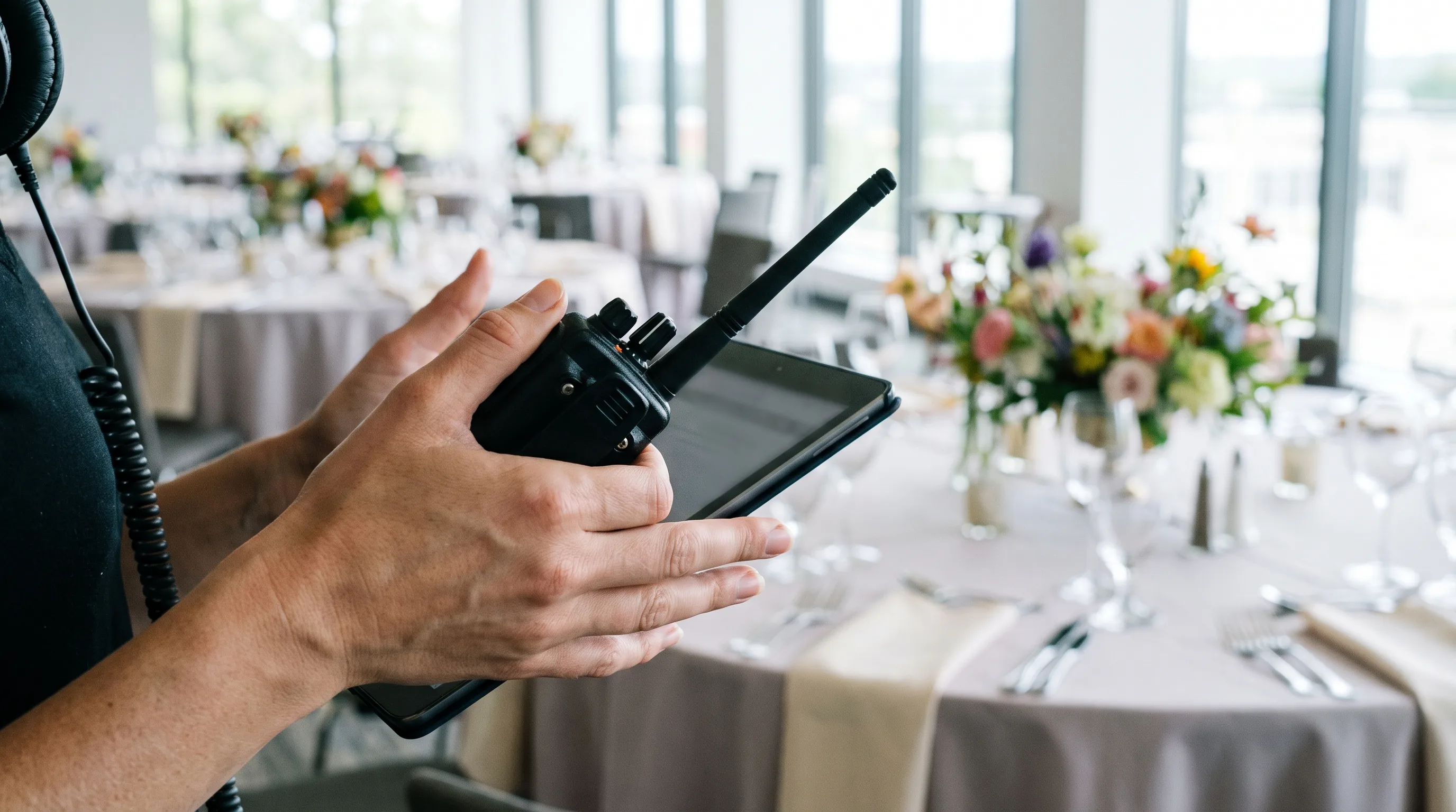 Eventplanerin mit Funkgerät und Tablet vor festlich eingedeckten Tischen