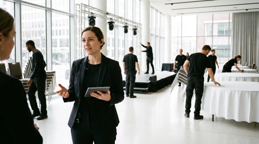 Eventplaner bei der Arbeit: Planerin mit Headset und Tablet koordiniert den Aufbau eines Firmenevents