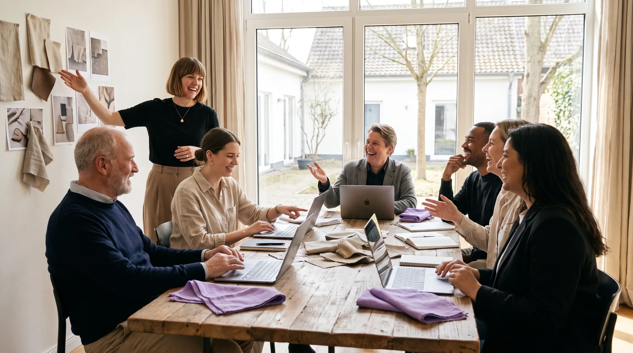 Planungsgespräch einer Eventagentur in Sankt Augustin am Holztisch mit Laptops, Stoffmustern und Stimmungsboard