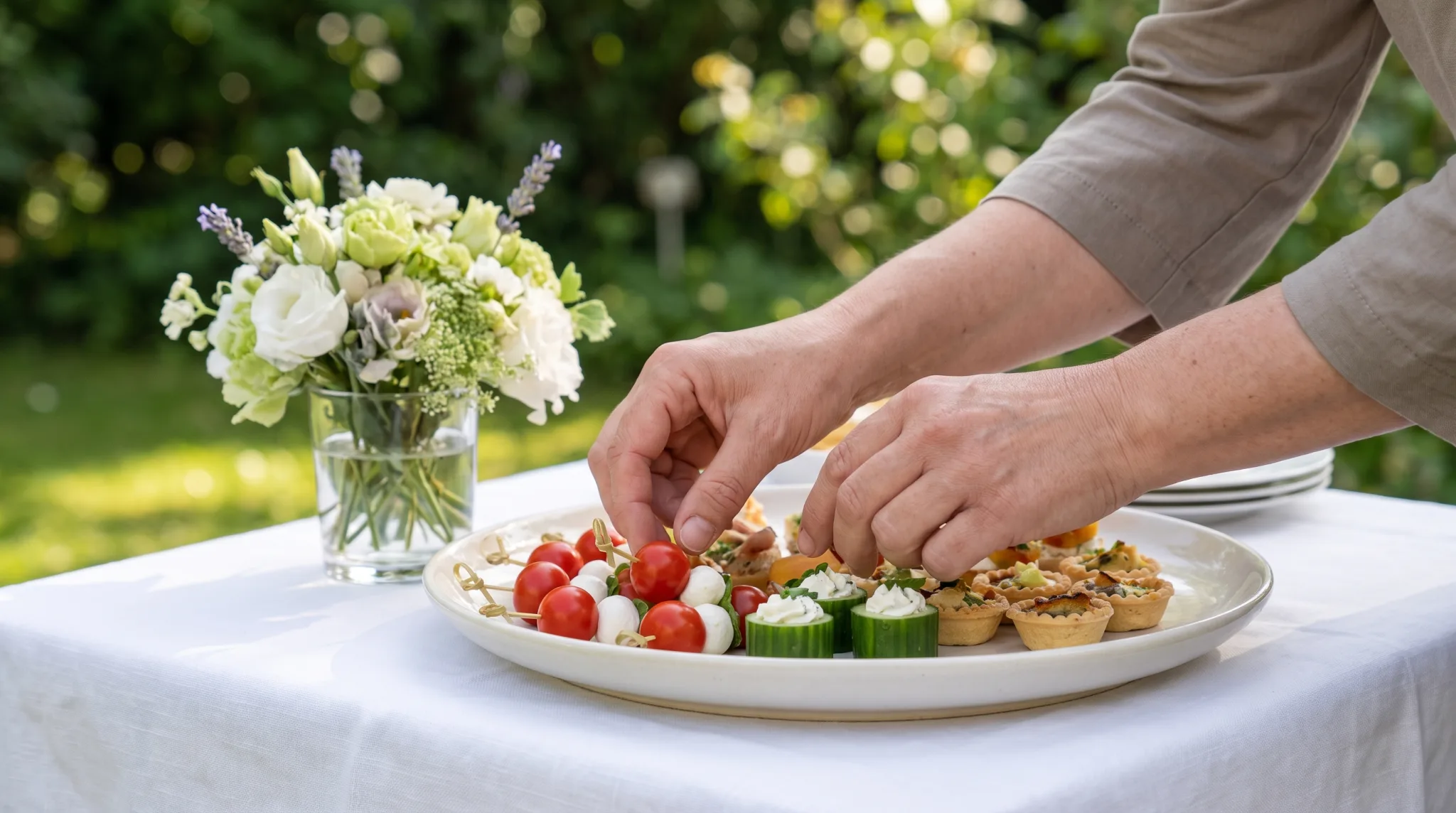 Fingerfood vom Eventservice: Hände richten Spieße und Törtchen auf einem weißen Teller an, daneben eine Blumenvase