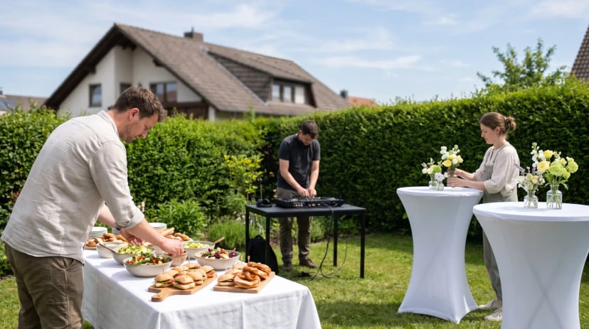 Eventservice beim Gartenfest vor dem Einfamilienhaus: Caterer richtet Buffet mit Brezeln an, DJ am Controller, Helferin stellt Blumen auf Stehtische