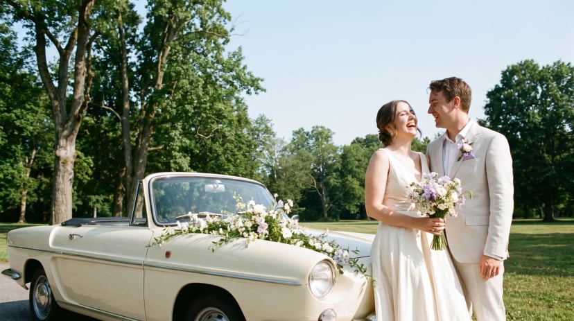 Brautpaar steht in Bonn neben einem hellen Oldtimer mit schlichtem Blumenschmuck im Park